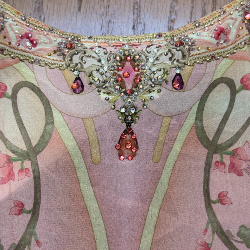 NWT Camilla Shirred Cuff Blouse Blossoms And Brushstrokes Pink S